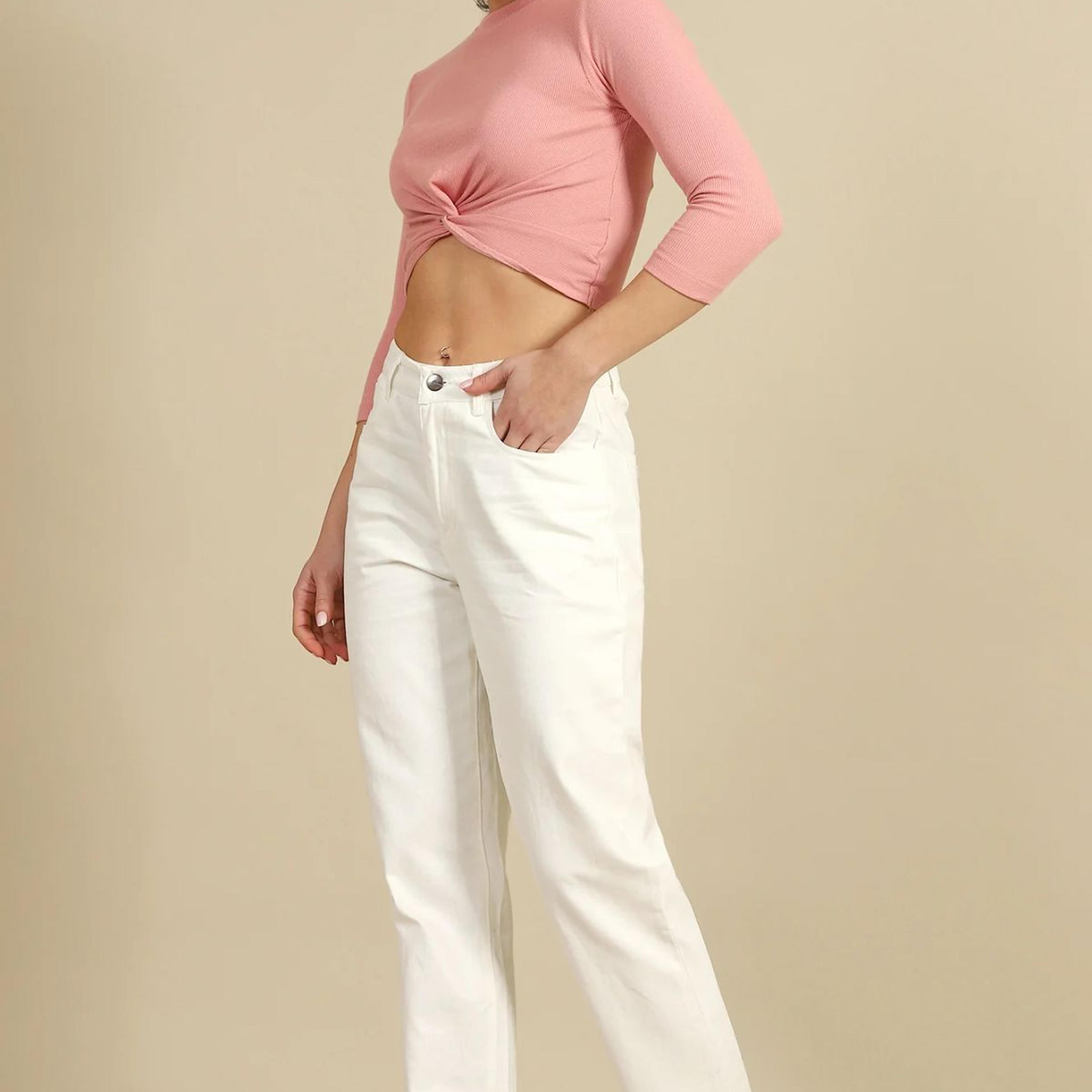 White Solid Straight Fit Cotton Pants With Button Closure