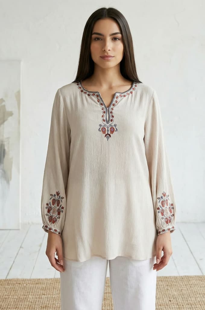 Off White Floral Embroidered Straight Top — XS