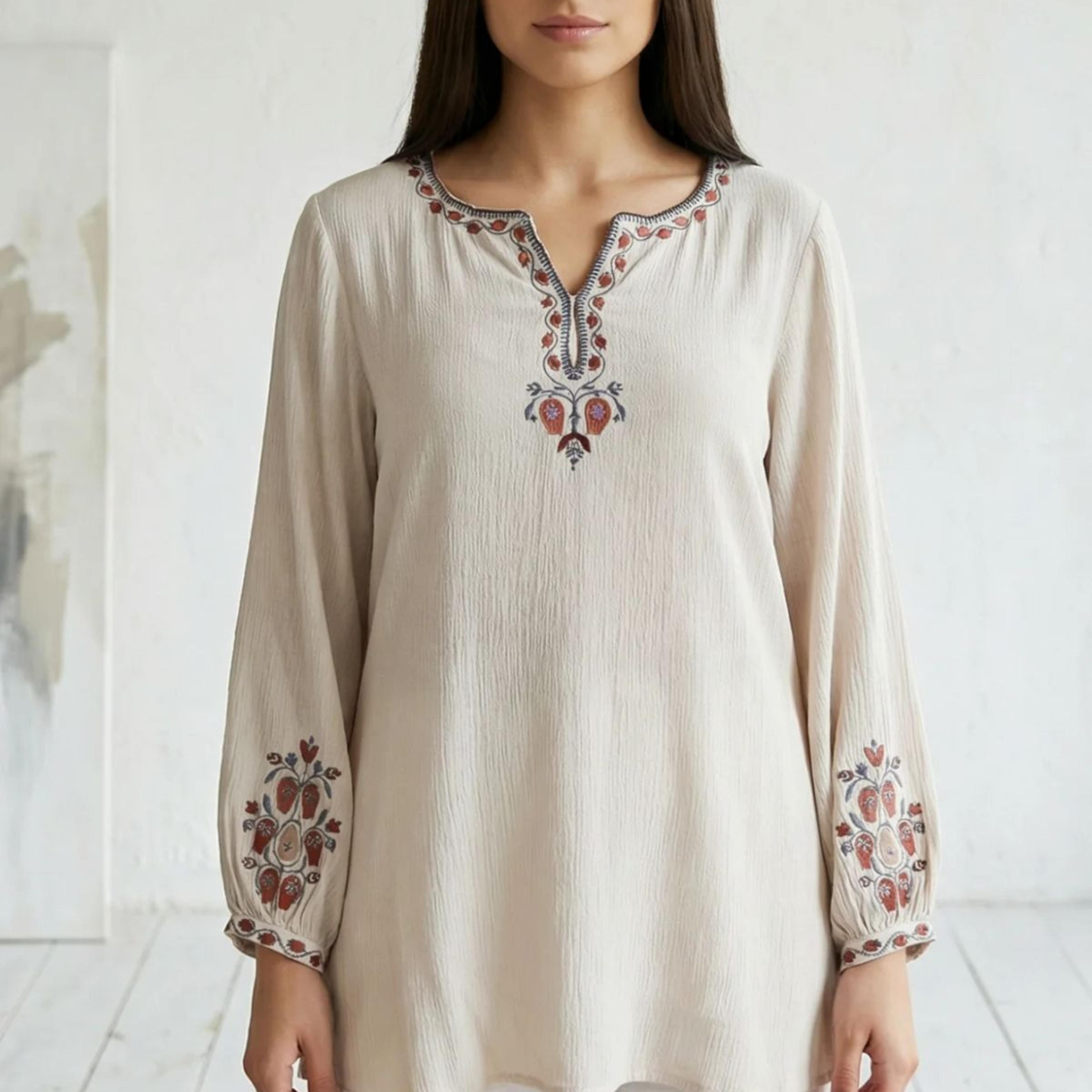 Off White Floral Embroidered Straight Top
