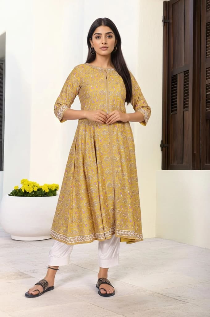 Mustard Floral Printed Rayon A-Line Kurta with Straight Pant — XS
