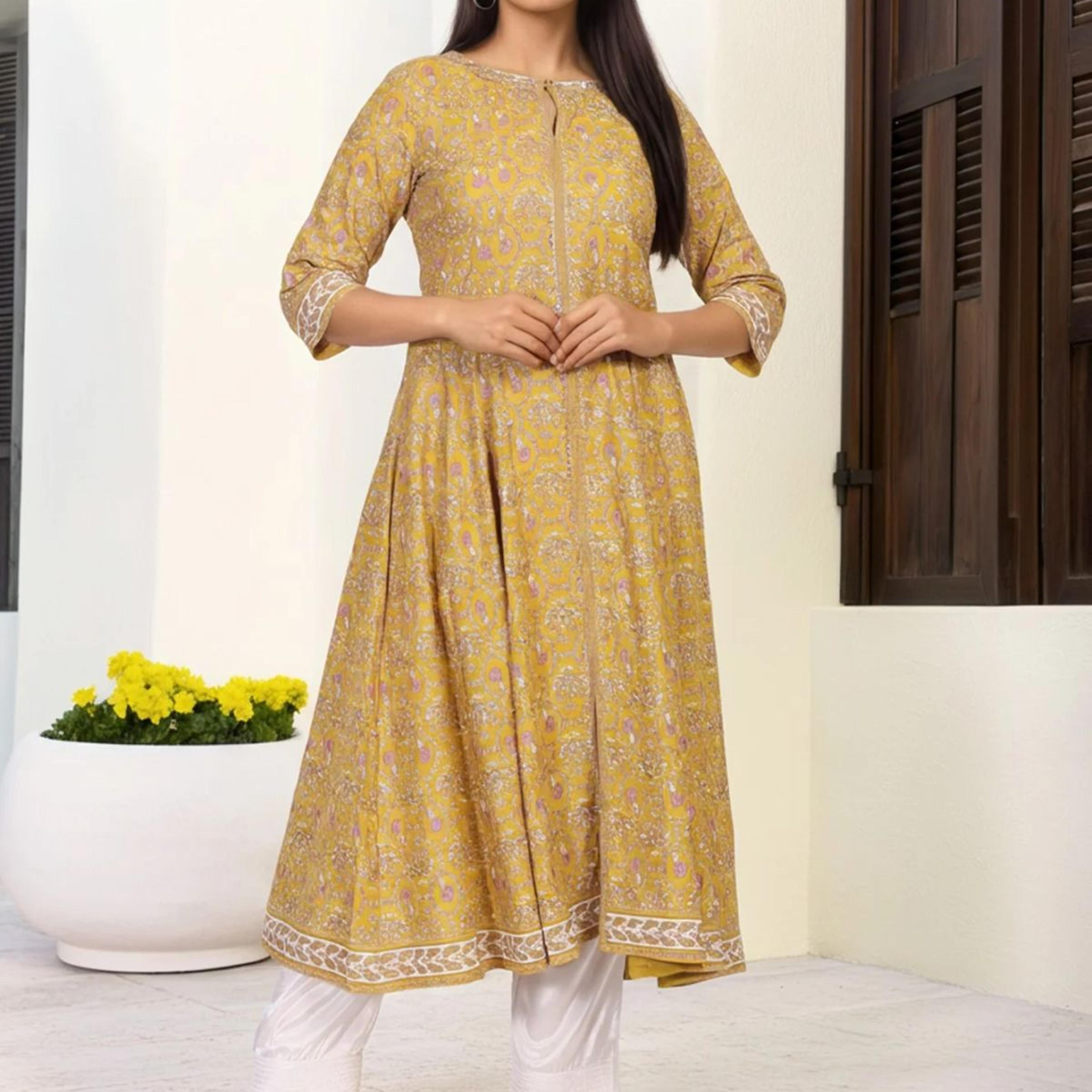 Mustard Floral Printed Rayon A-Line Kurta with Straight Pant