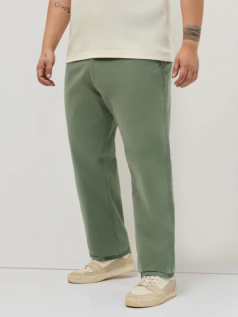Plus Men's Sage Green Straight Fit Mid Rise Cotton Casual Chinos Trousers Stretch — photo 2