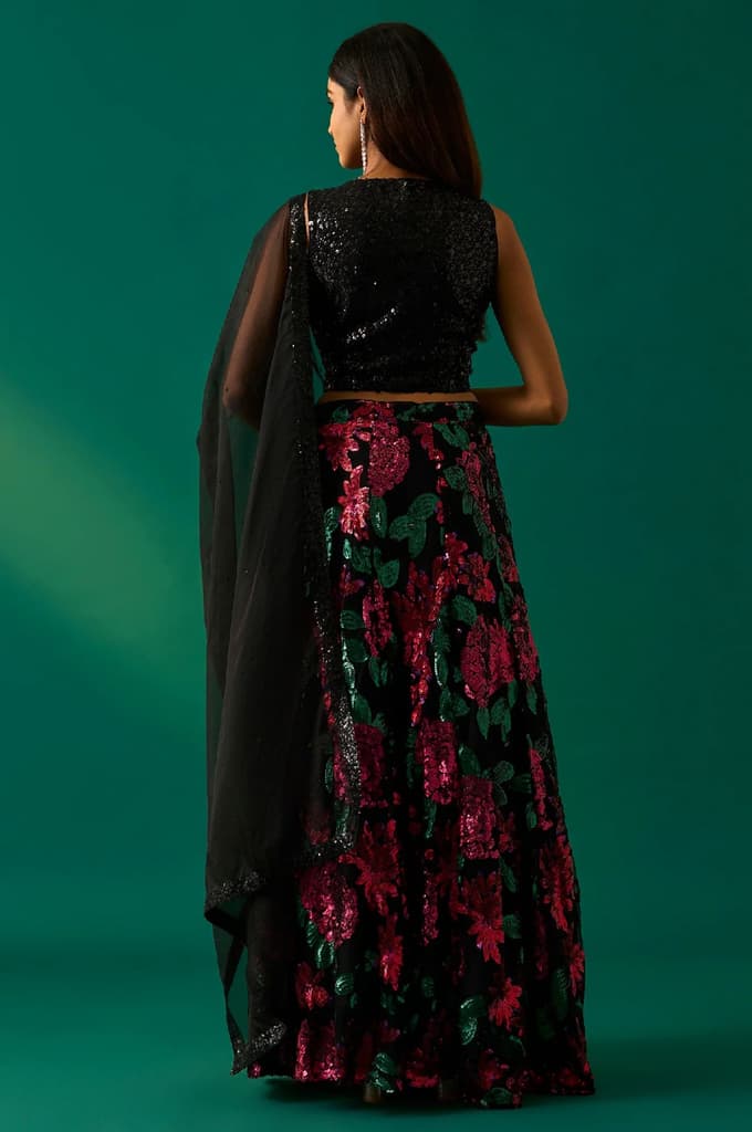 Black Sequin Embellished Straight Blouse with Skirt and Dupatta Set — photo 4