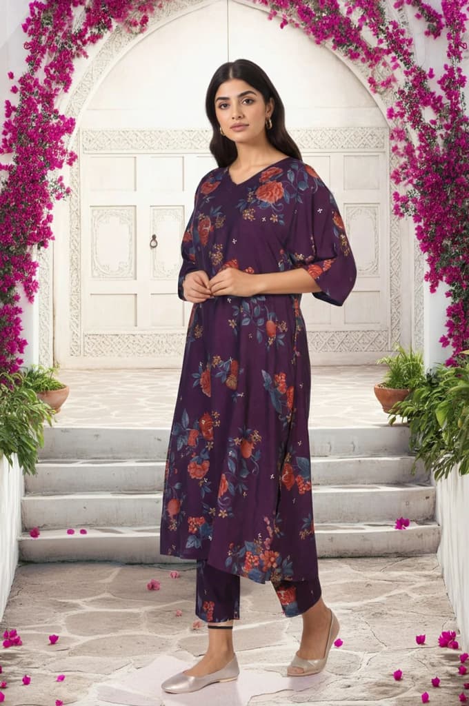 Purple Floral Printed A-line Rayon Kurta with Pant Set — photo 6