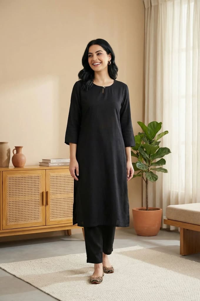 Black Solid Rayon Straight Kurta — XS