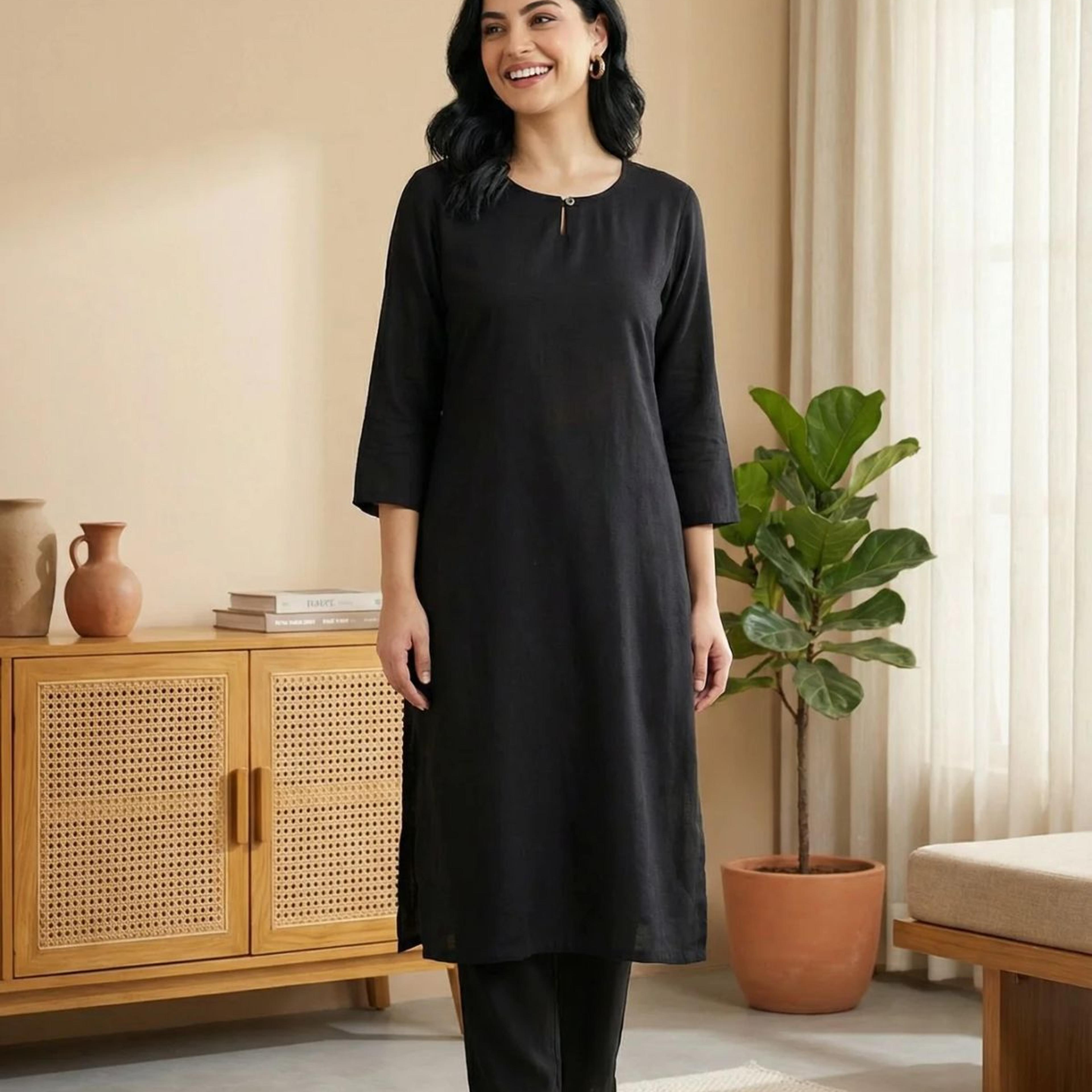 Black Solid Rayon Straight Kurta