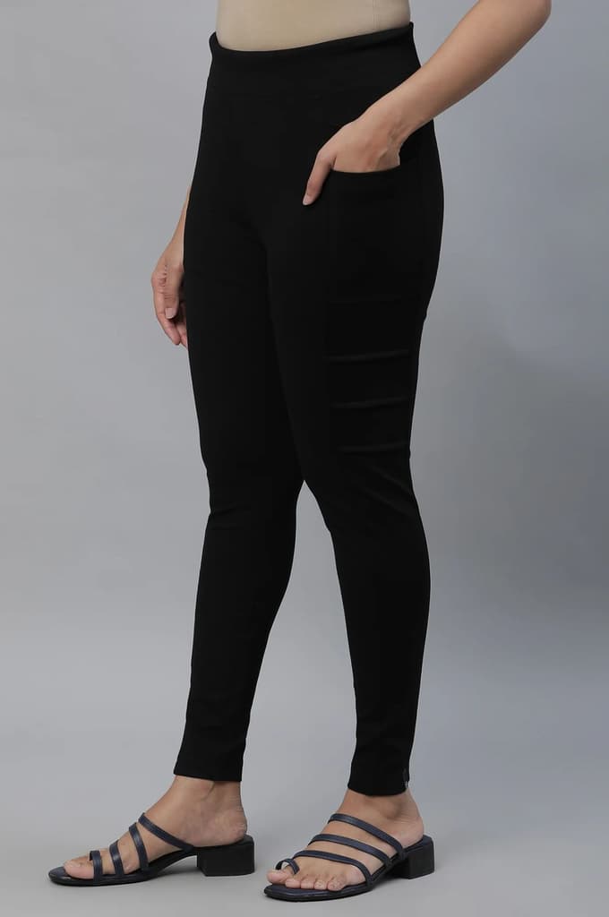 Black Solid Skinny Fit Tights With Elasticated Waist And Side Pockets — photo 2