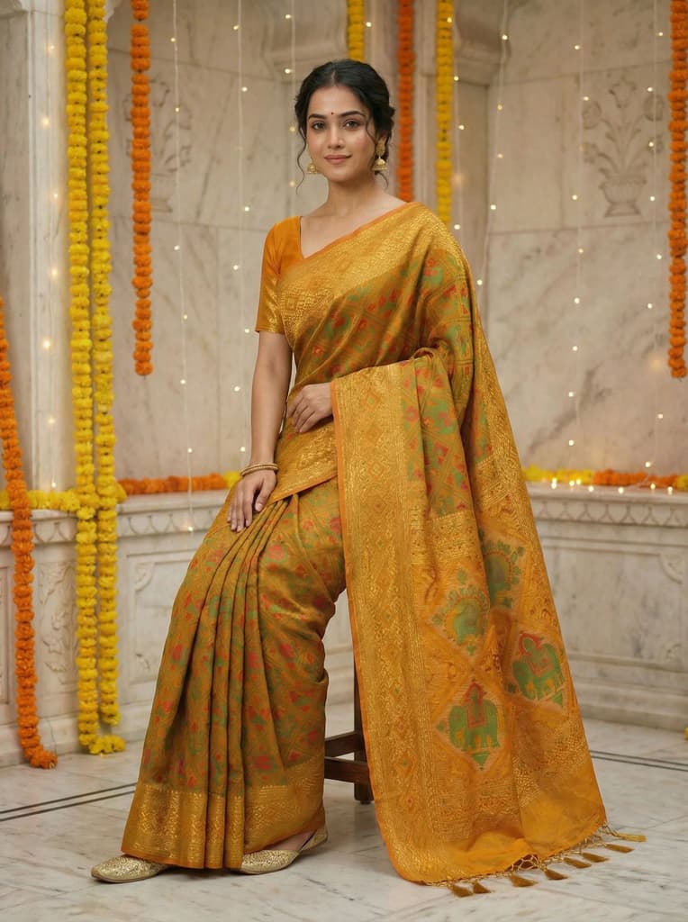 MIMOSA Women's Woven Design Paithani Style Raw Silk Saree with Blouse Piece - Mustard ( SA00003128MSFREE ) — photo 4