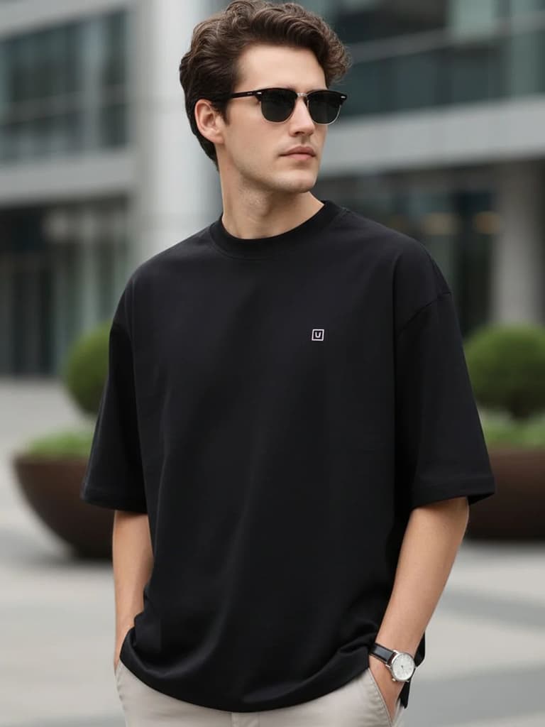 Men's Jet Black Solid Round Neck Oversized Half Sleeve Cotton T-Shirt — S / Jet Black