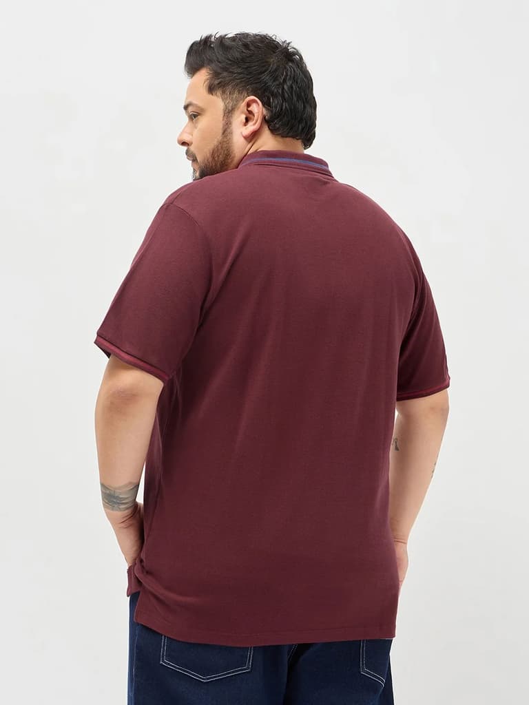 Plus Men's Maroon Solid Regular Fit Half Sleeve Cotton Polo T-Shirt — photo 3
