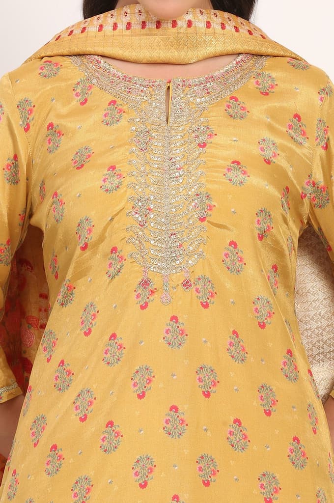 Yellow Embroidered Straight Shantung Kurta with Sharara and Dupatta Set — photo 3