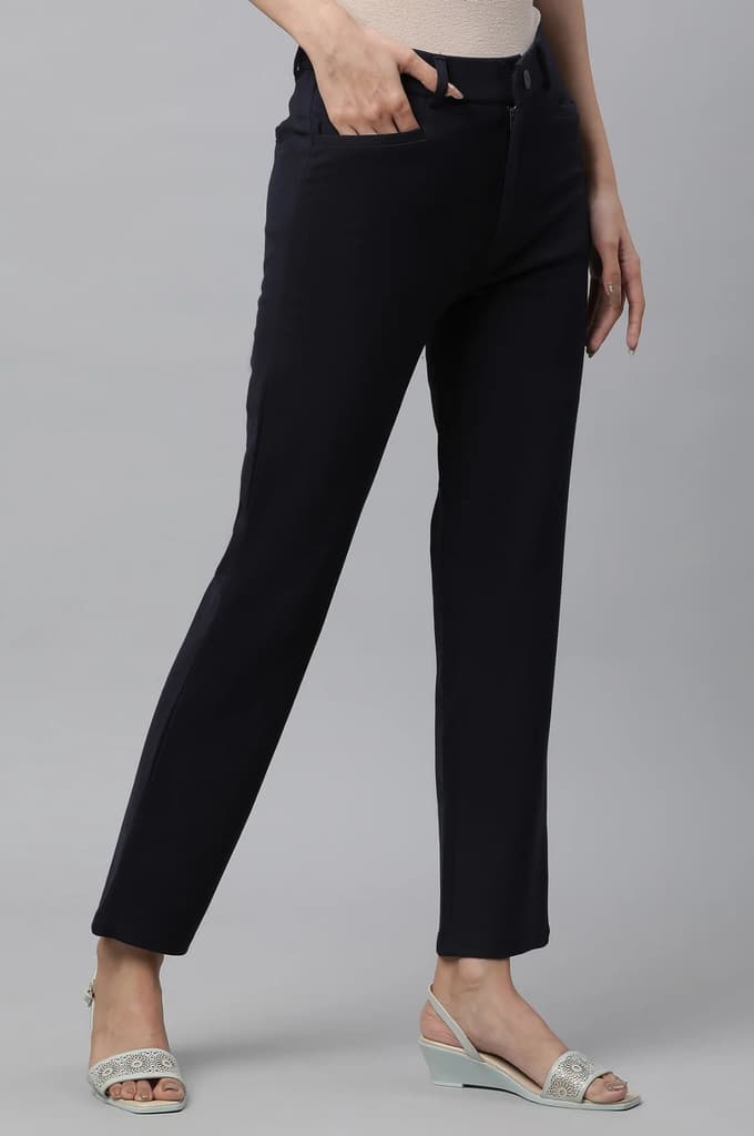 Navy Blue Solid Slim Fit Trousers With Elasticated Waist — photo 4