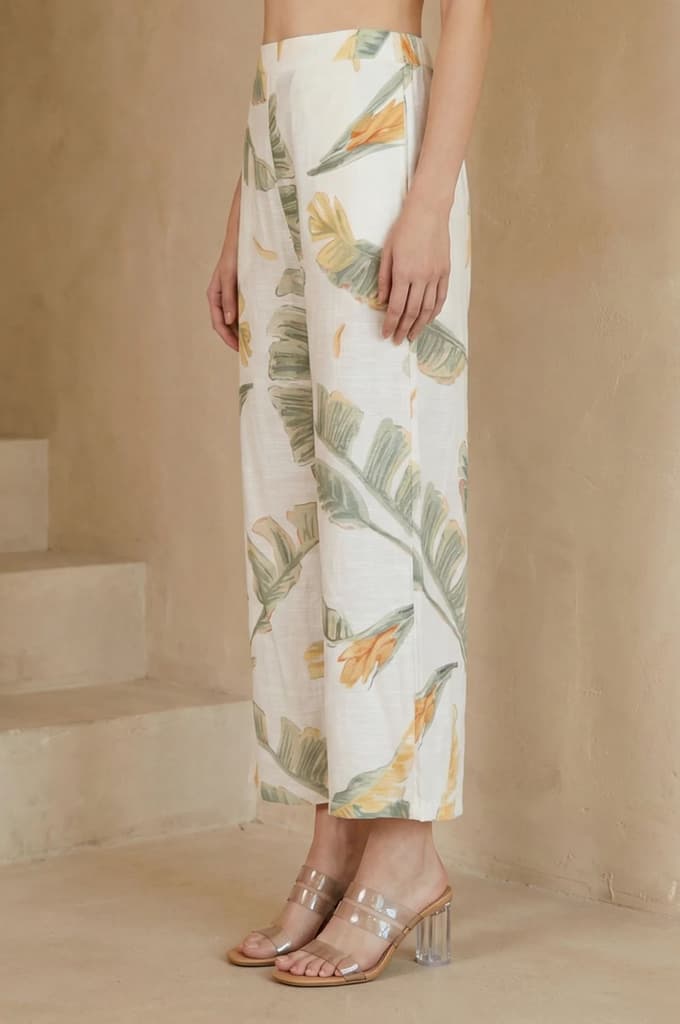 White Tropical Floral Printed Wide Leg Ankle Length Parallel Pants — photo 3