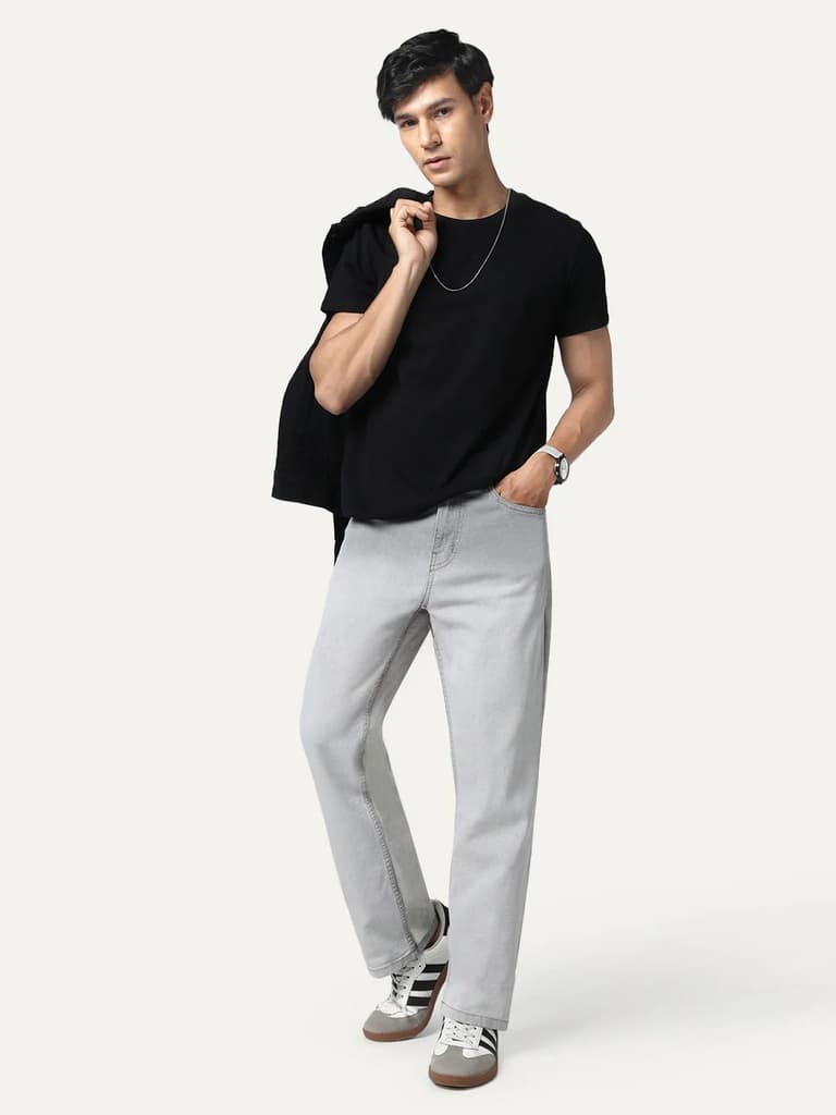 Men's Ice Grey Straight Fit Heavy Washed Faded Denim Jeans Stretchable — photo 5