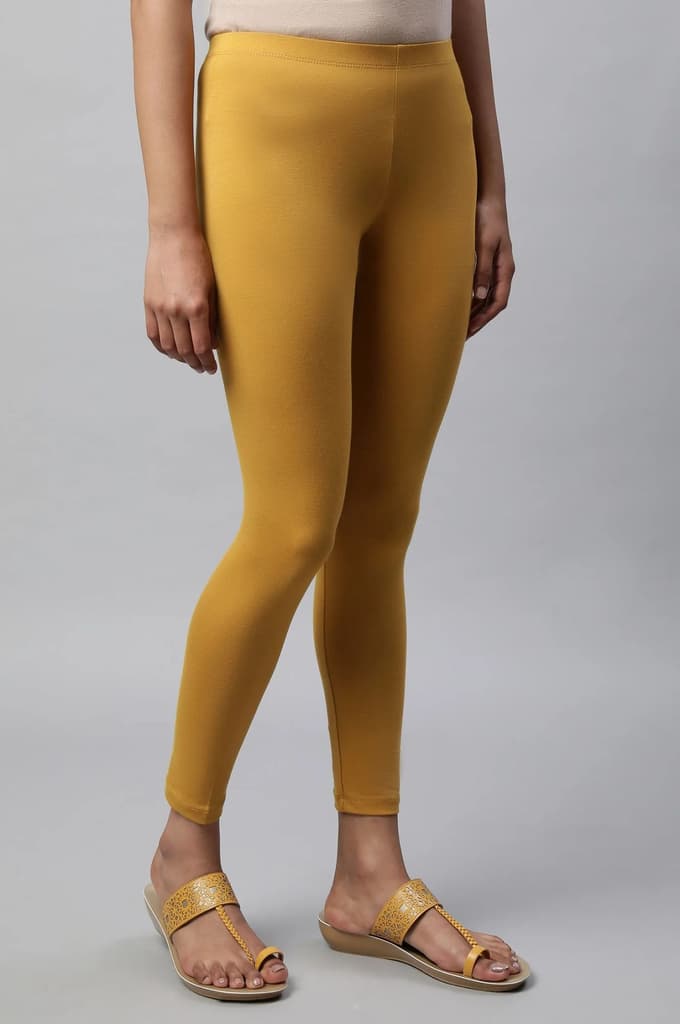 Yellow Solid Skinny Fit Cotton Tights With Slip On Closure — photo 4