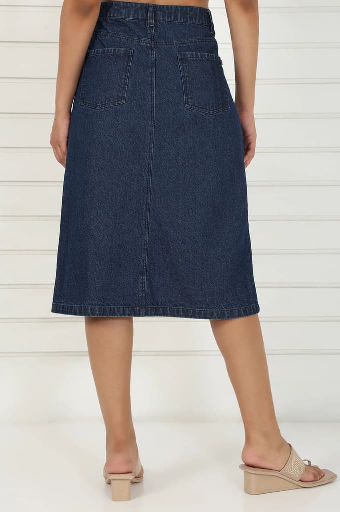 Blue Denim Mid Rise Calf Length Skirt with YKK Zipper — photo 4
