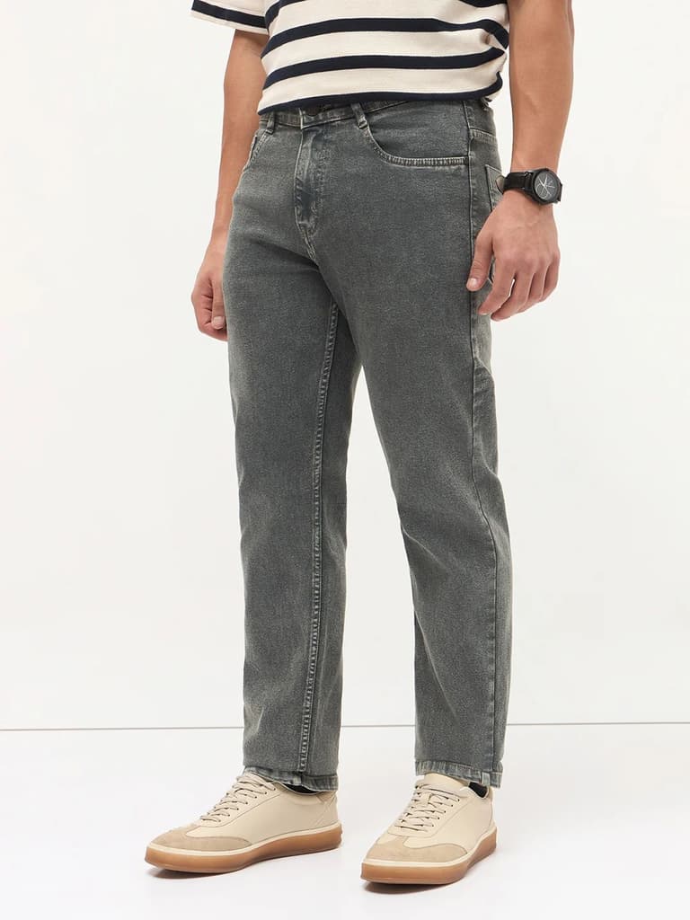 Men's Grey Regular Fit Towel Washed Yellow Tint Denim Jeans Stretchable — photo 4