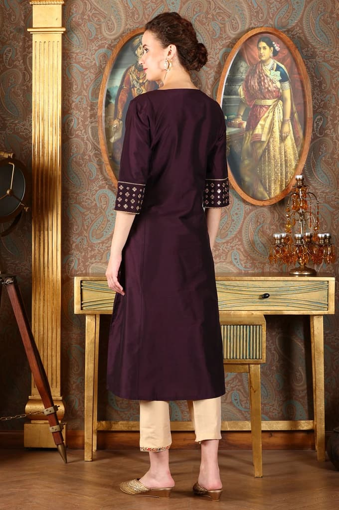 Wine Embroidered A-Line Silk Blend Kurta with Straight Pant and Dupatta Set — photo 5