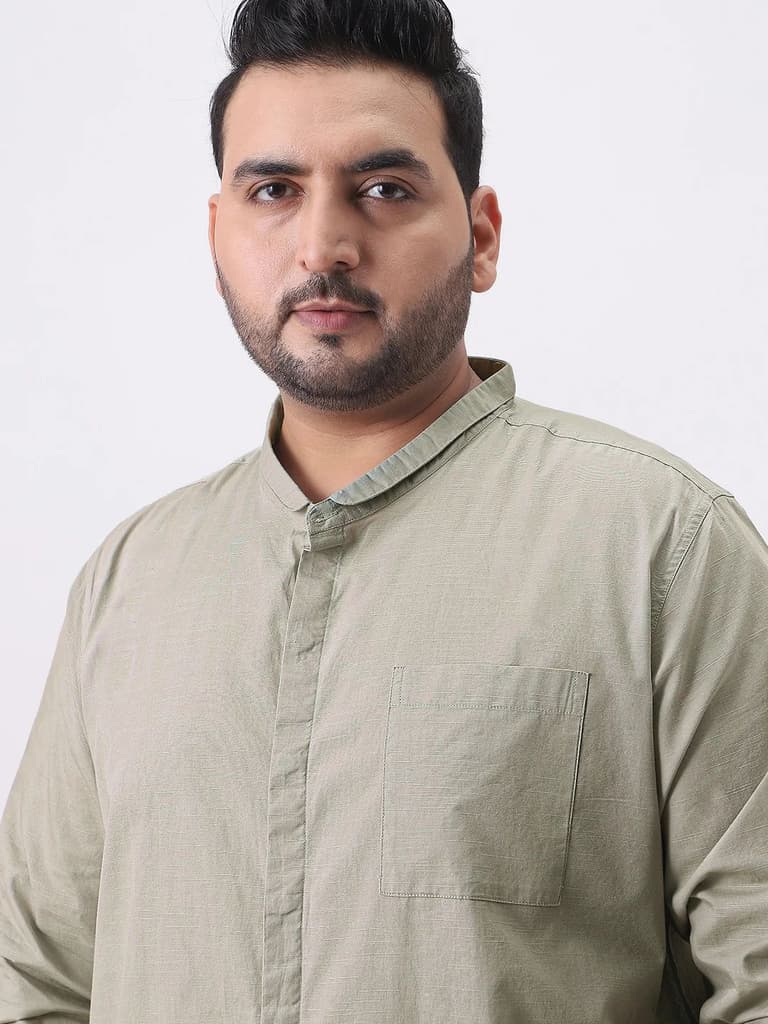 Plus Men's Light Olive Cotton Full Sleeve Regular Fit Casual Solid Shirt with Band Collar — photo 5