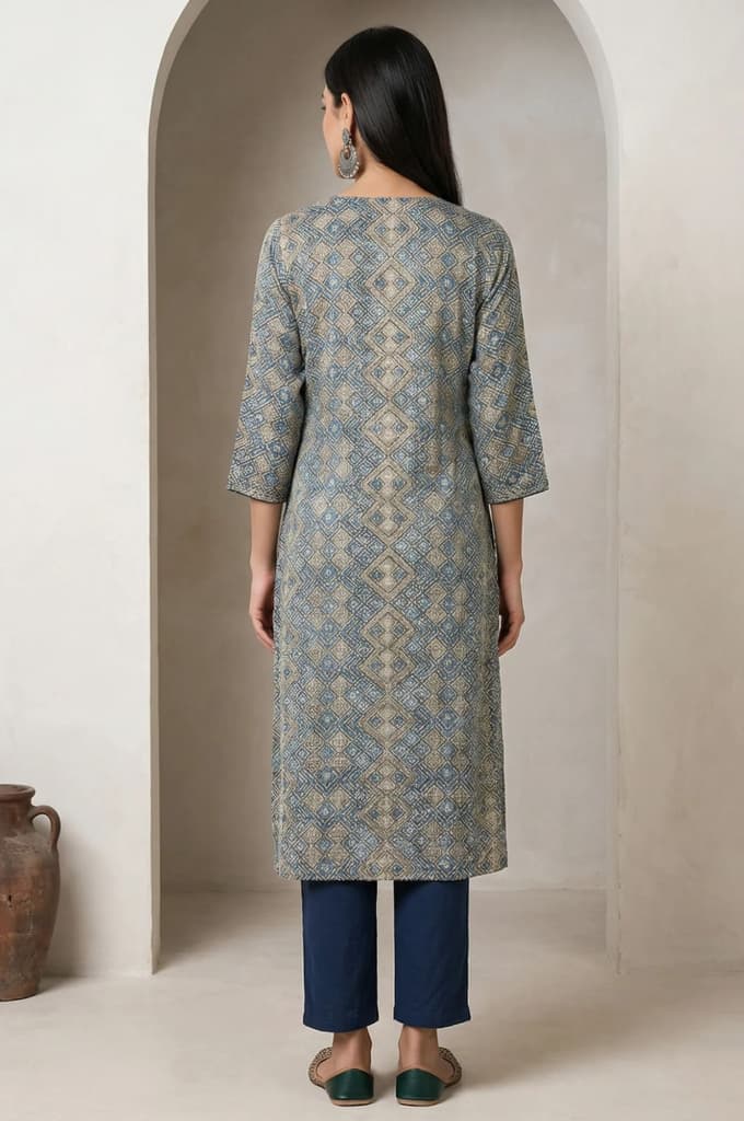 Beige Ajrak Printed Mirror Work Modal Satin Straight Kurta — photo 5