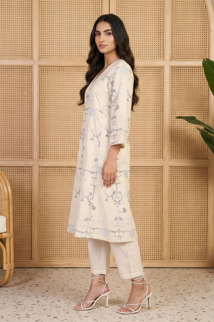 Off White Floral Embroidered Rayon A-line Kurta and Straight Pants Set — photo 3
