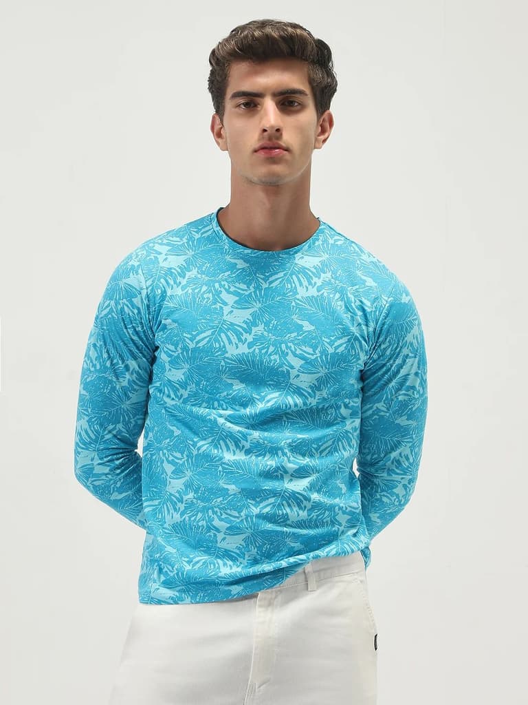 Men's Aqua Blue Printed Full Sleeve Slim Fit Cotton T-Shirt — photo 3