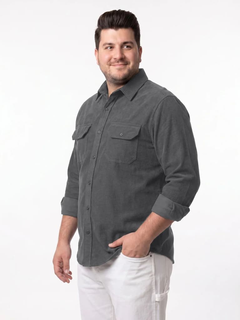 Plus Men's Grey Corduroy Full Sleeve Regular Fit Solid Overshirt with Utility Pockets — photo 2