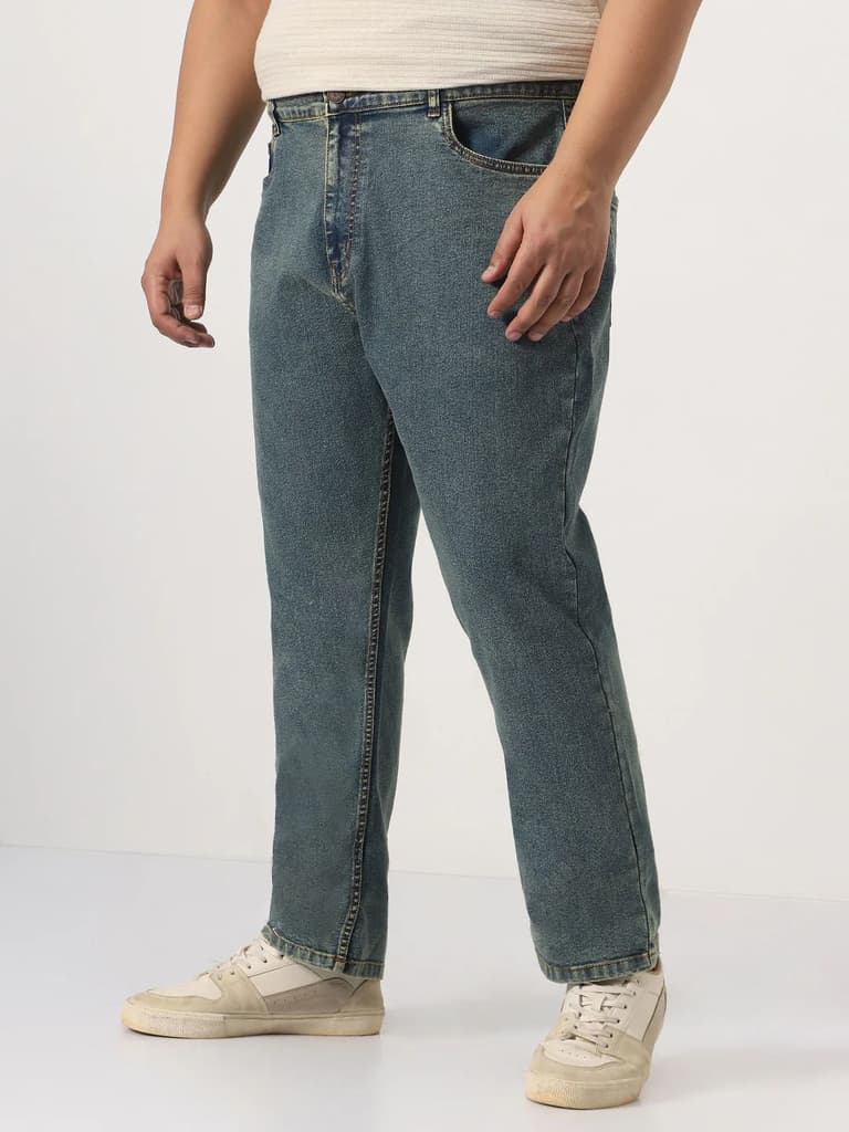 Plus Men's Light Blue Straight Fit Heavy Washed Jeans Stretchable — photo 2