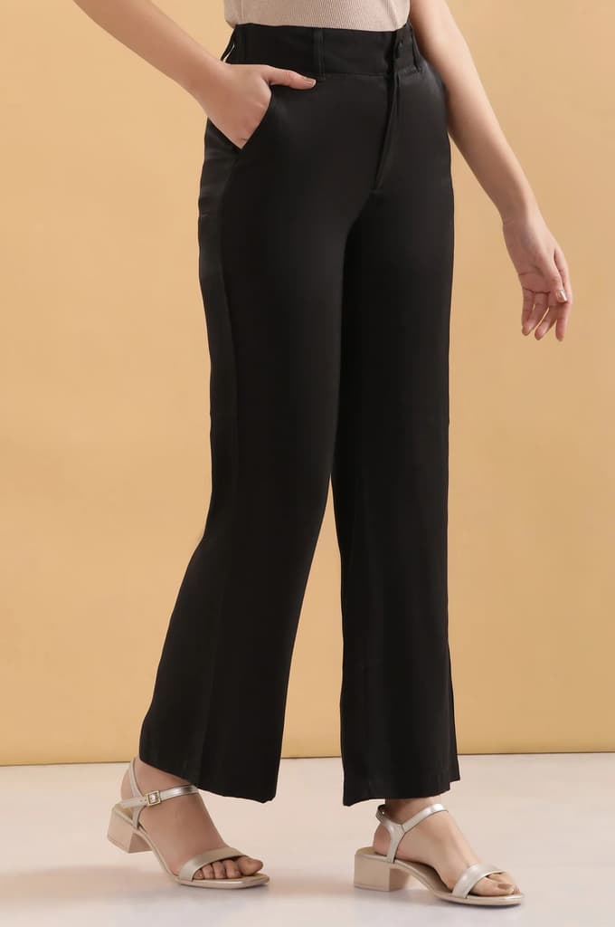 Black Solid Straight Fit Rayon Pants With Button And Zip Closure — photo 5