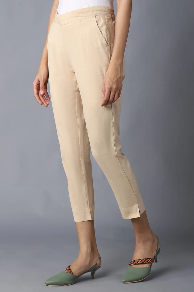 Beige Solid Straight Fit Cotton Trousers With Elasticated Waistband — photo 3