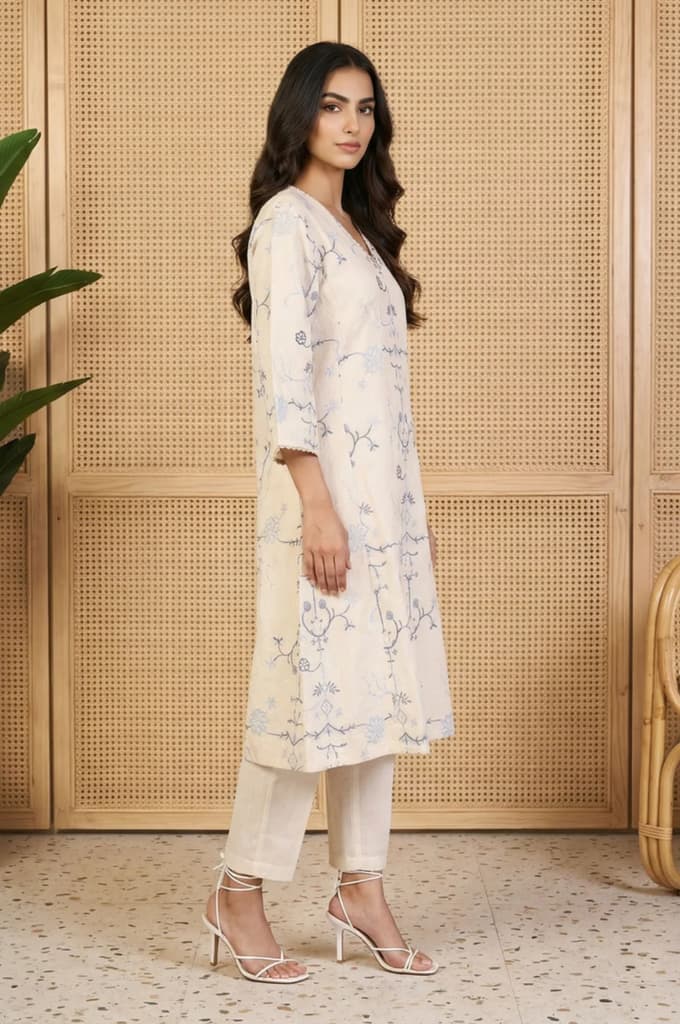 Off White Floral Embroidered Rayon A-line Kurta and Straight Pants Set — photo 5