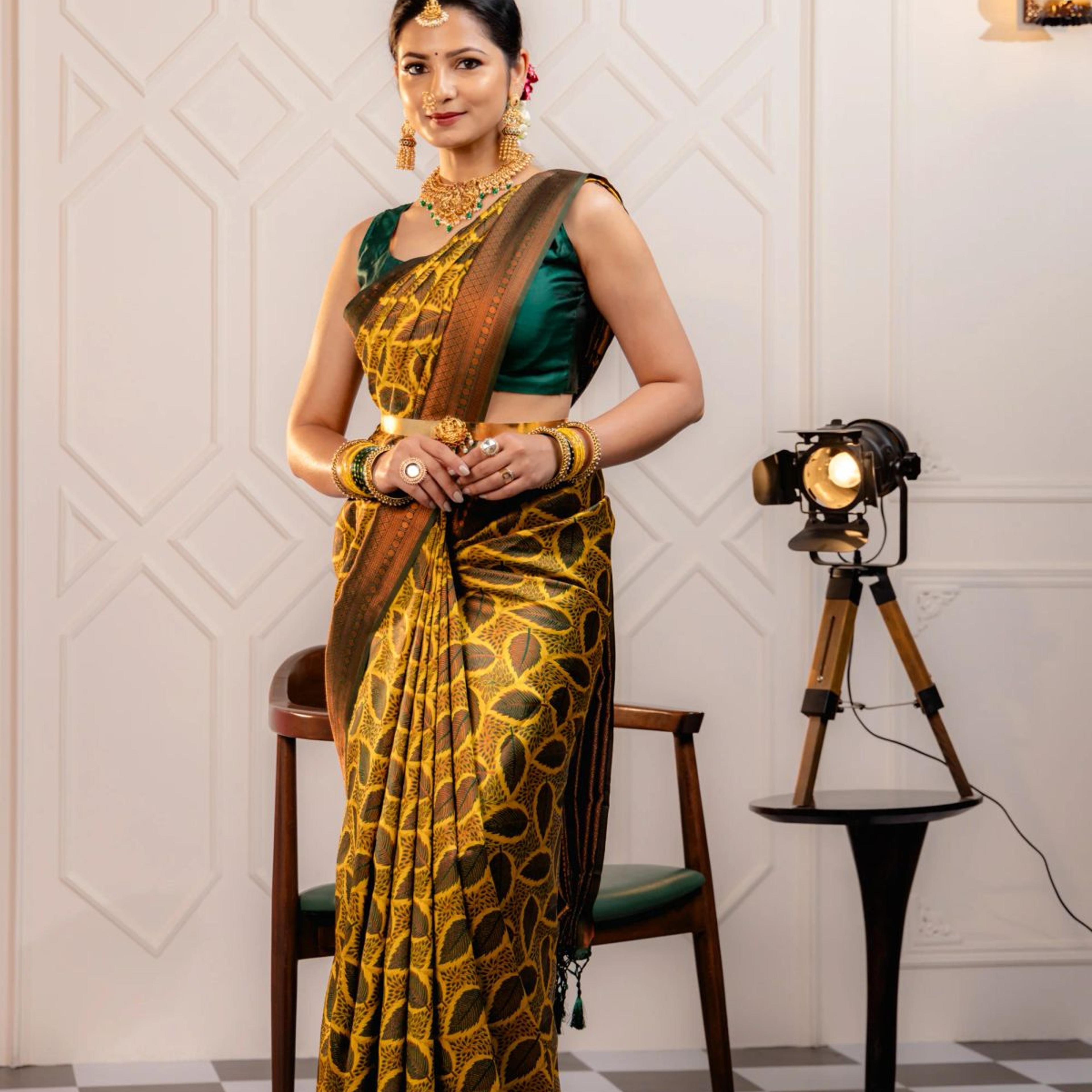 Mimosa Women's Woven Design Kanjivaram Style Art Silk Saree With Blouse Piece : SA00001776YLWFREE