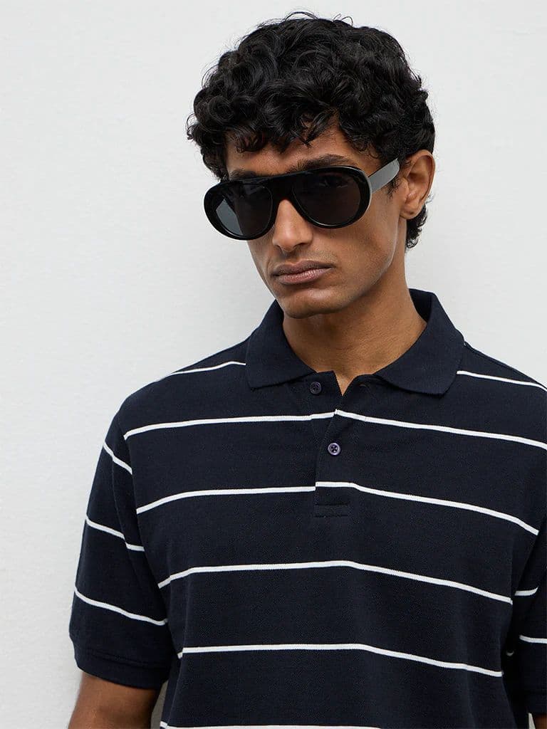 WES Casuals Navy Striped Relaxed-Fit Cotton Polo T-Shirt — photo 3