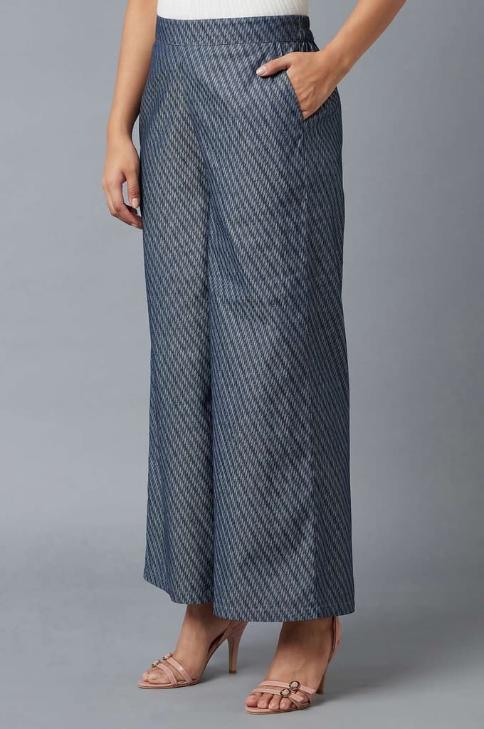 Blue Geometric Printed Flared Cotton Palazzo With Elasticated Waist — photo 3