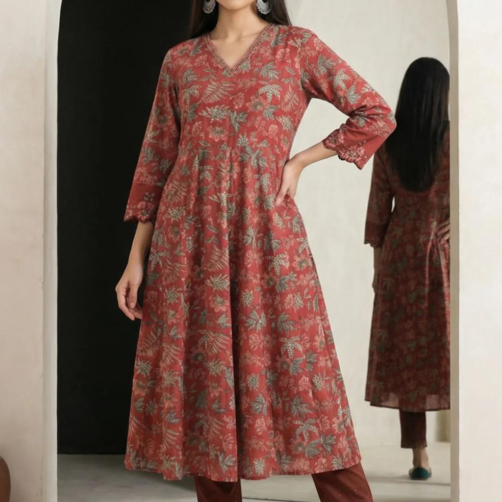 Maroon Floral Printed Embroidered Pure Cotton A-line Kurta