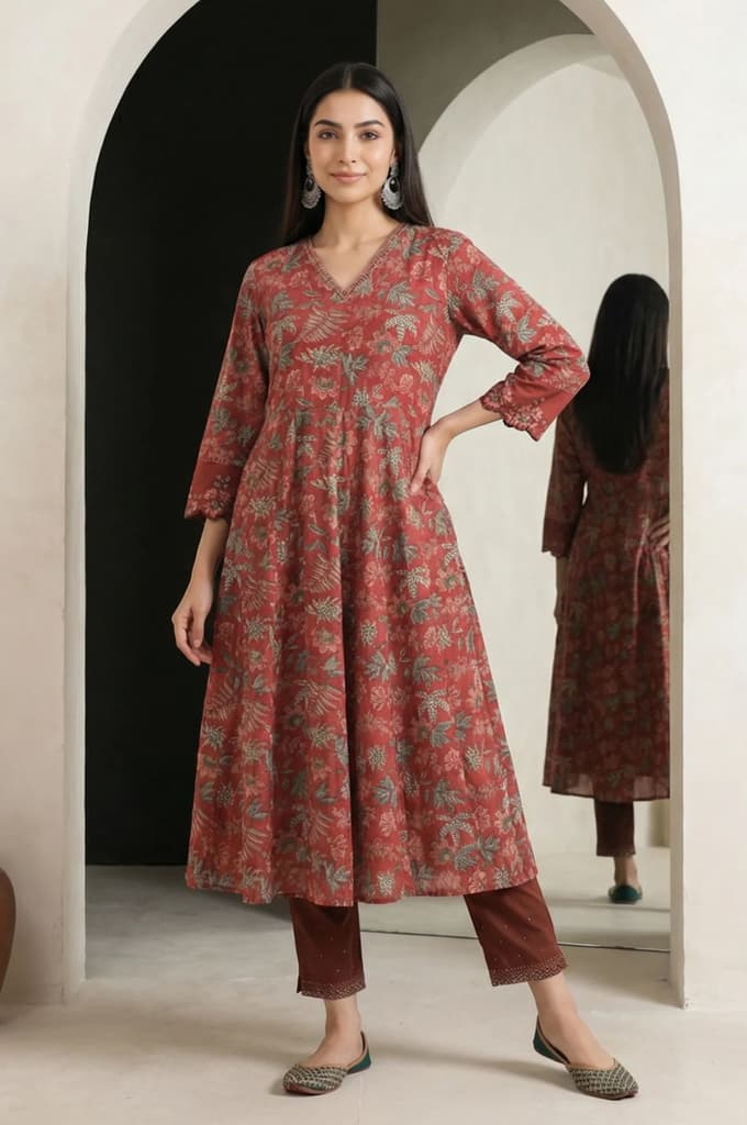 Maroon Floral Printed Embroidered Pure Cotton A-line Kurta — XS