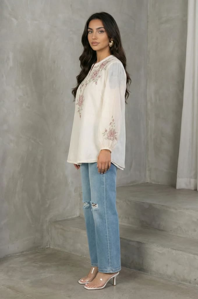 Off White Thread Embroidered New Cotton Silk A-line Top — photo 5