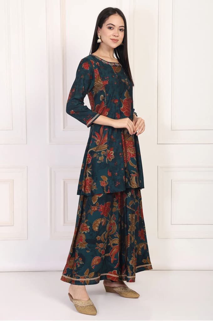 Teal Floral Printed Embellished A-Line Kurta with Flared Pant and Dupatta Set — photo 6