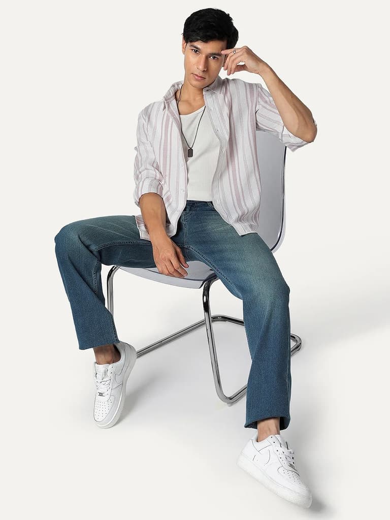 Men's Lilac Cotton Full Sleeve Relaxed Fit Linen Striped Shirt with Spread Collar — photo 5