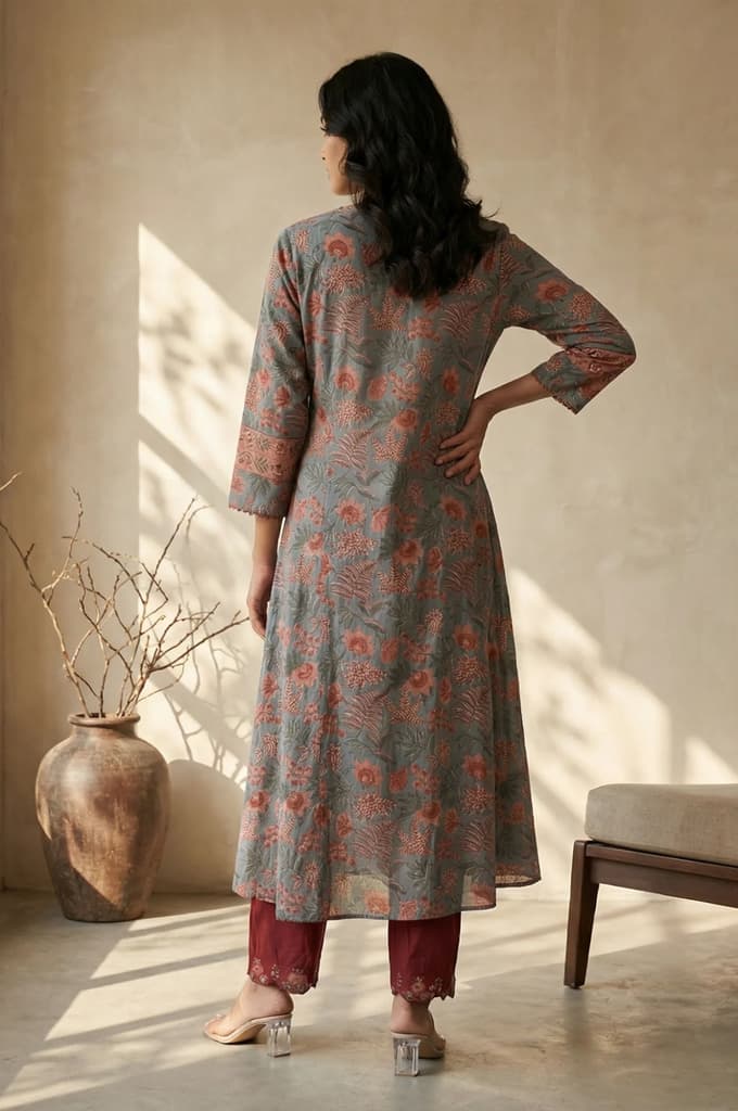 Blue Floral Printed Block Print Mirror work Pure Cotton A-line Kurta — photo 4