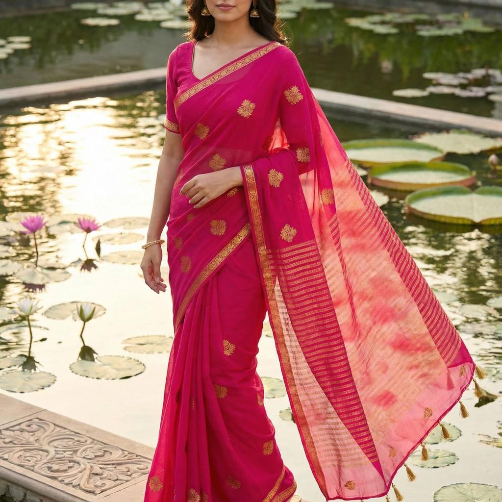 MIMOSA Women's Woven Design Banarasi Style Chiffon Saree with Blouse Piece - Rani ( SA00003123RNFREE )