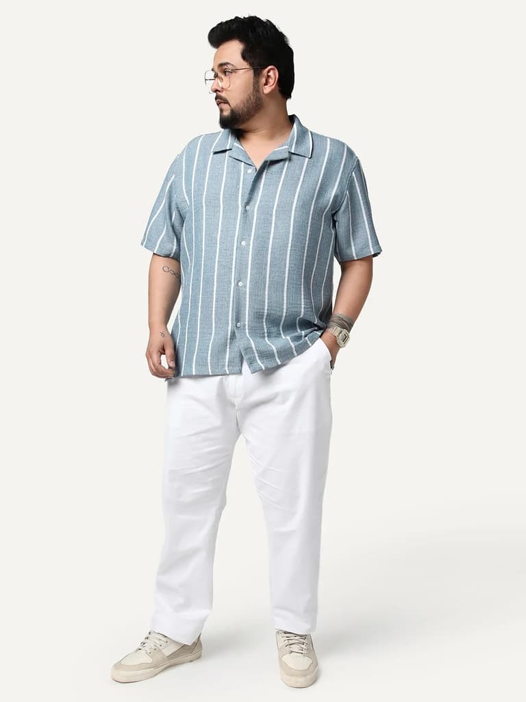 Plus Men's Aqua Cotton Half Sleeve Relaxed Fit Linen Striped Shirt with Cuban Collar — photo 4