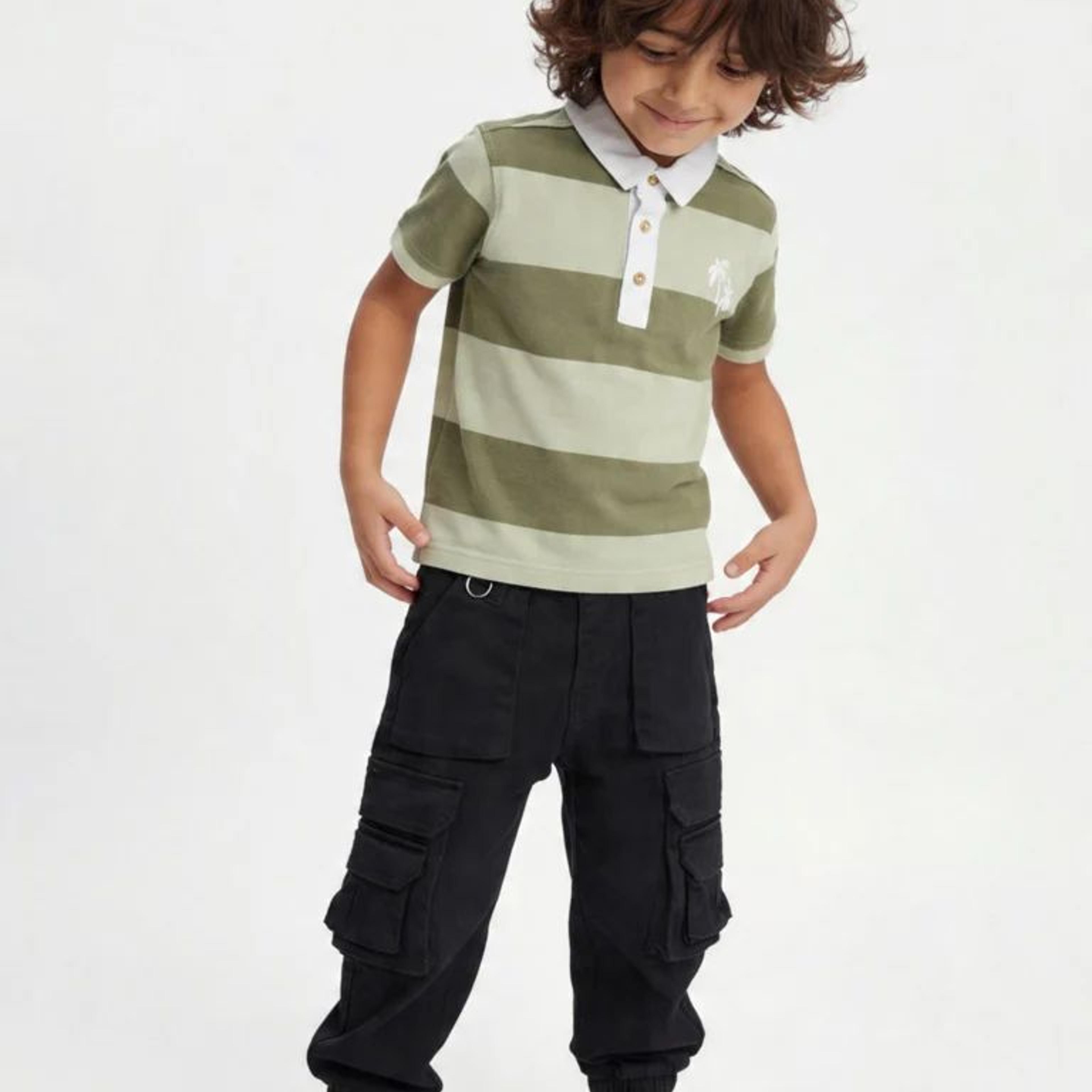 HOP Kids Boys Olive Striped Cotton Polo T-Shirt