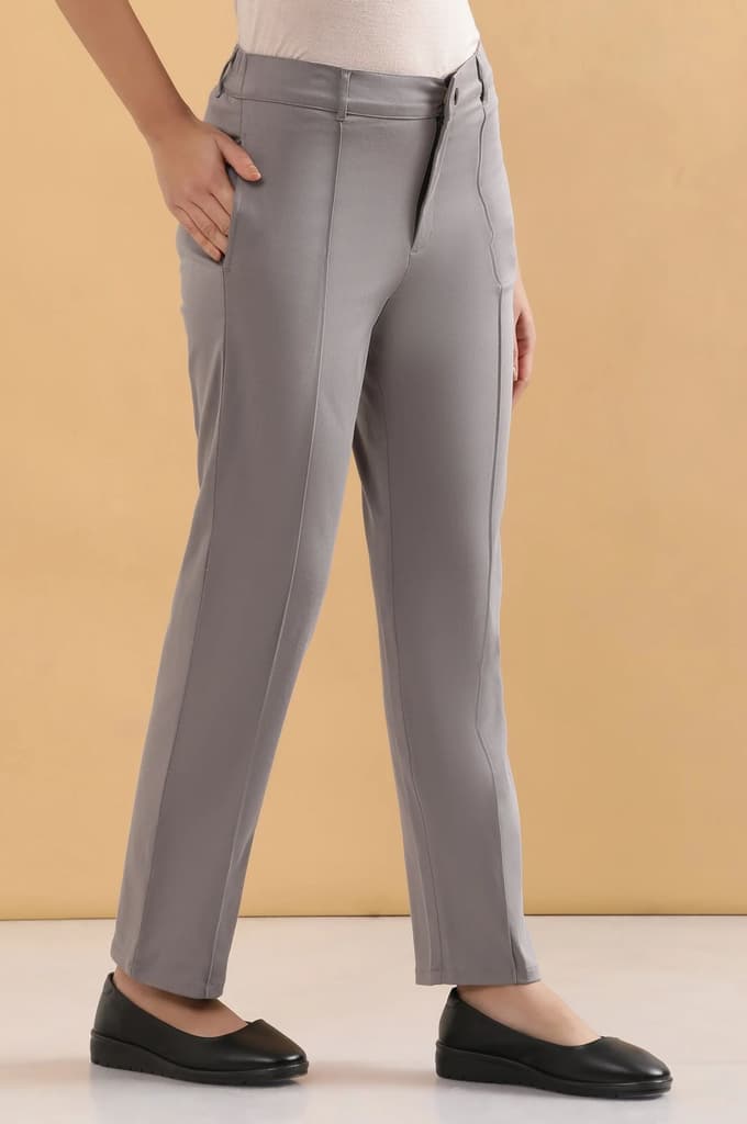 Grey Solid Straight Fit Cotton Pants With Pintuck Detail — photo 5