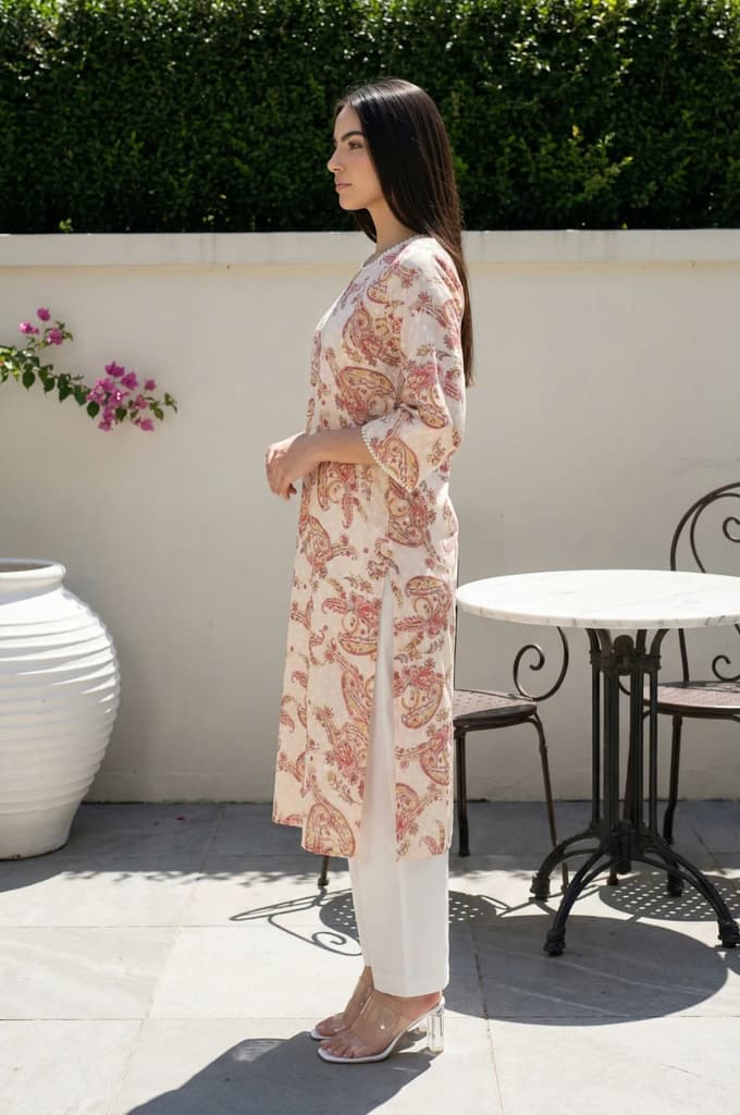 Beige Paisley Printed Pure Cotton Straight Kurta with Lace — photo 5