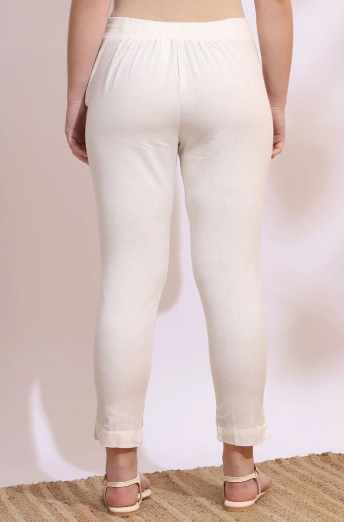 White Solid Mid-Rise Cotton Flax Slim Pants — photo 6