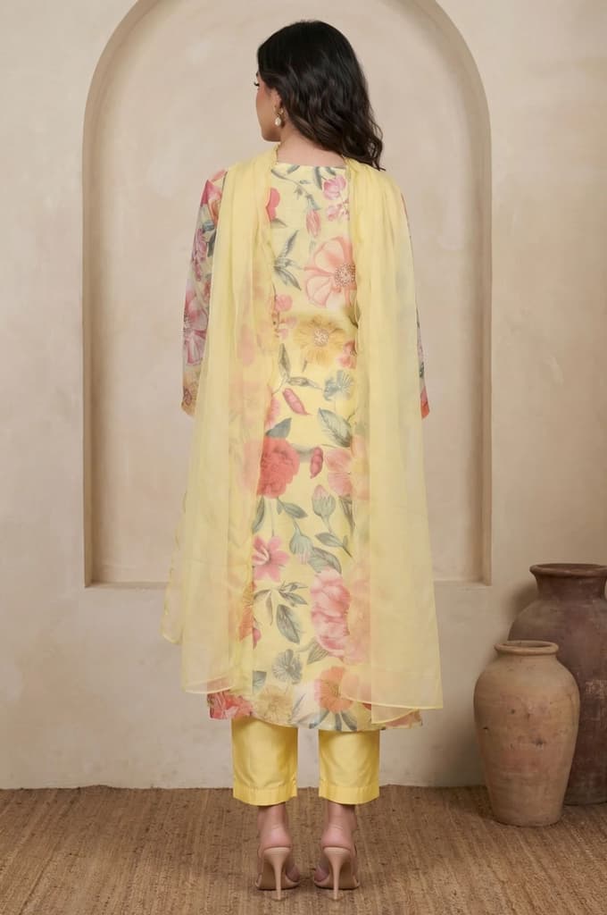 Yellow Floral Printed Beadwork Straight Kurta with Pants and Dupatta Set — photo 5