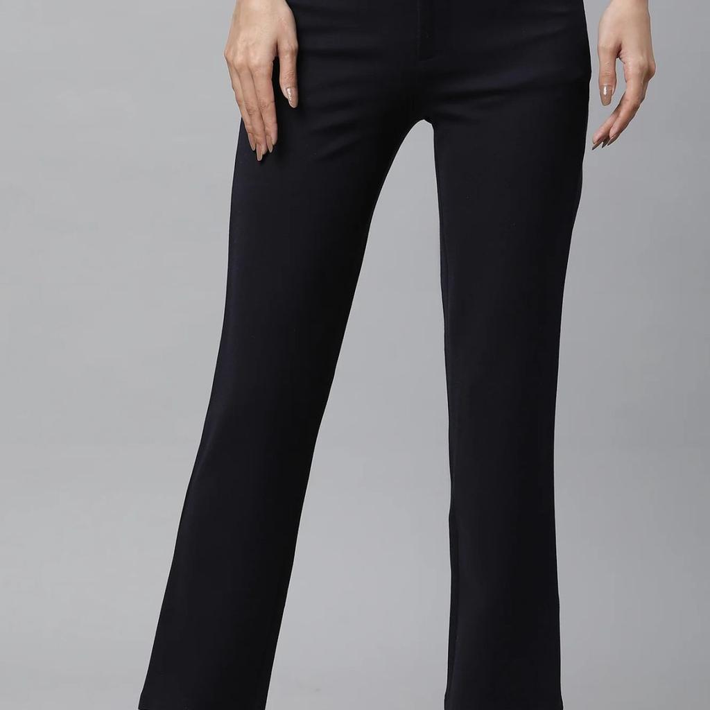 Navy Blue Solid Slim Fit Trousers With Elasticated Waist