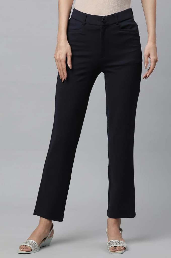 Navy Blue Solid Slim Fit Trousers With Elasticated Waist