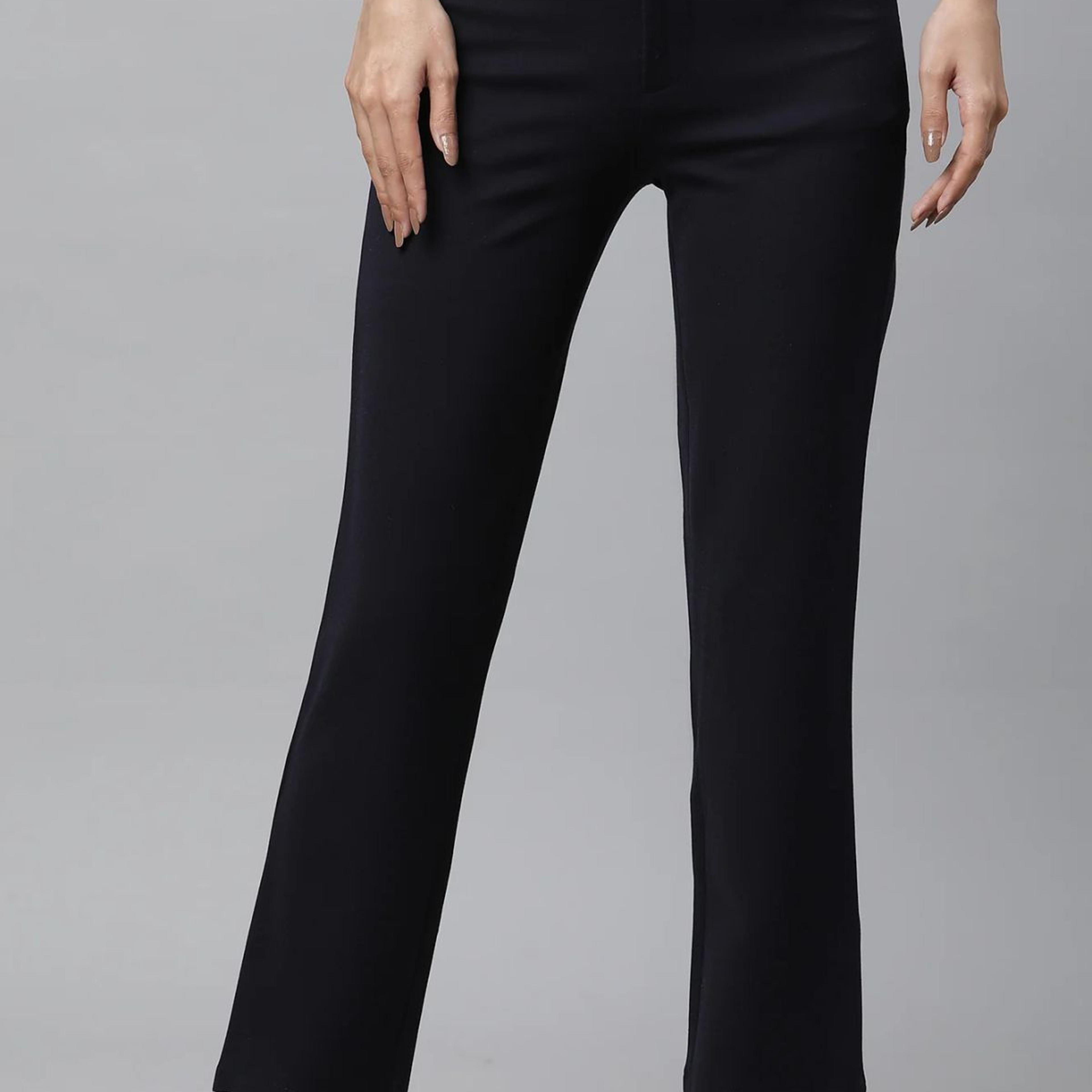 Navy Blue Solid Slim Fit Trousers With Elasticated Waist